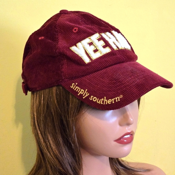 Simply Southern Burgundy Corduroy YEEHAW Baseball Cap Sparkle Lettering - Picture 6 of 12